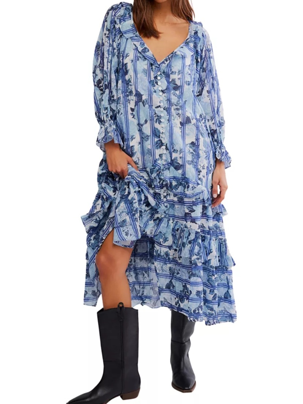 Free People Garden Wonders Maxi Dress Blue Combo NWT Size M L Button Front